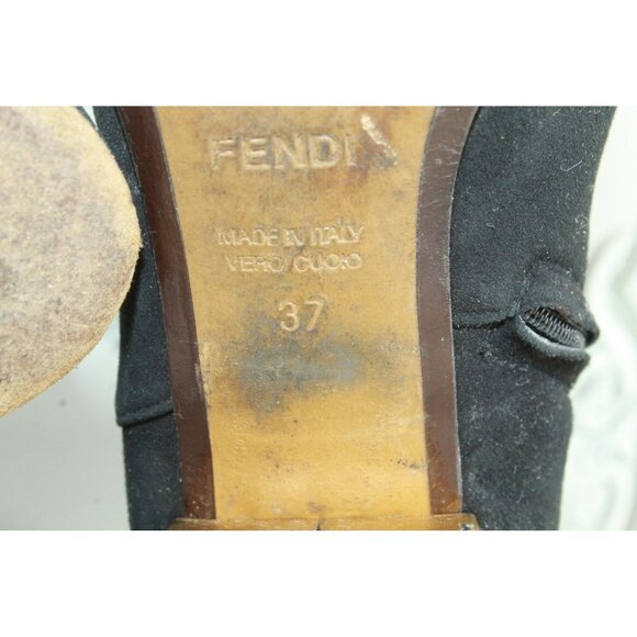 Fendi Women’s Black Suede Gold Heeled Side Zip Ankle Booties 37 / US 7 - Picture 8 of 9